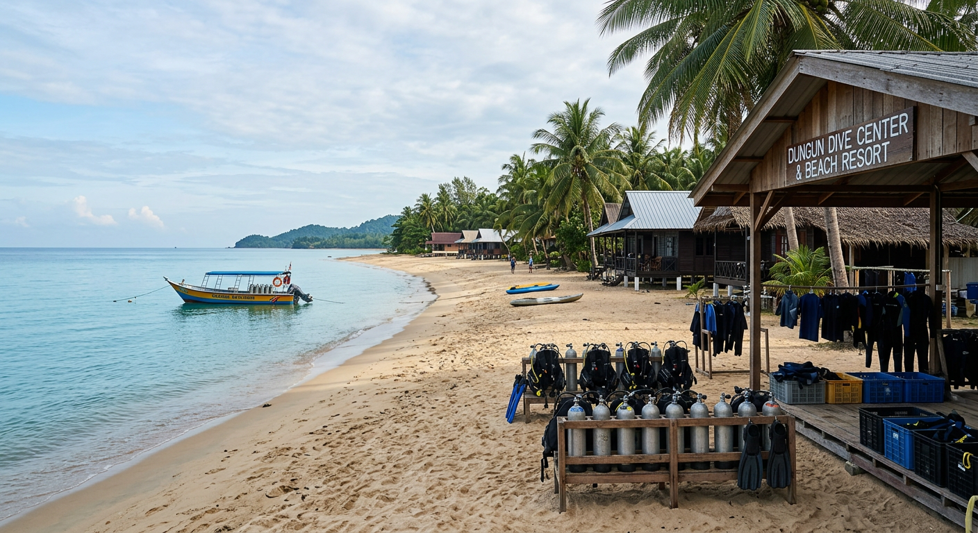 Beachfront chalets and dive equipment at a mainland dive resort in Dungun, Terengganu