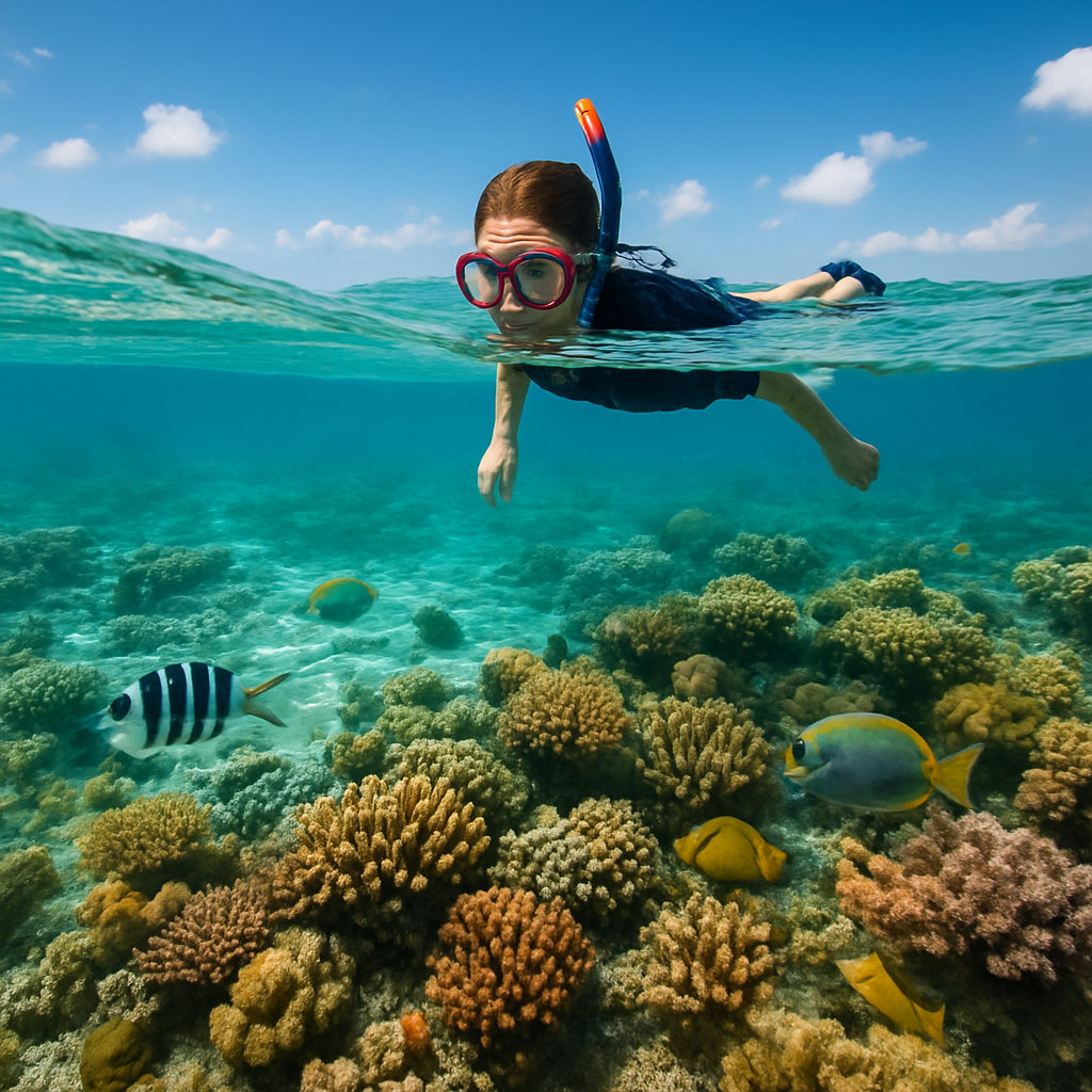 Snorkeler floating above a vibrant shallow coral reef in clear turquoise water