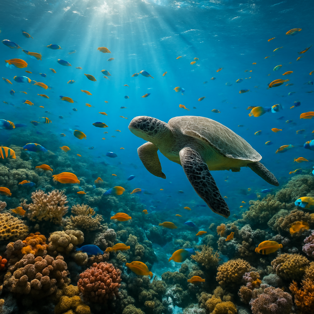 Coral reef teeming with tropical fish and a turtle at Tenggol